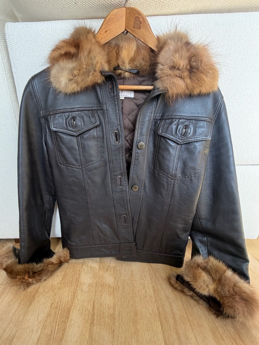 Women's Petite Black Leather Jacket with Brown Fur Trim
